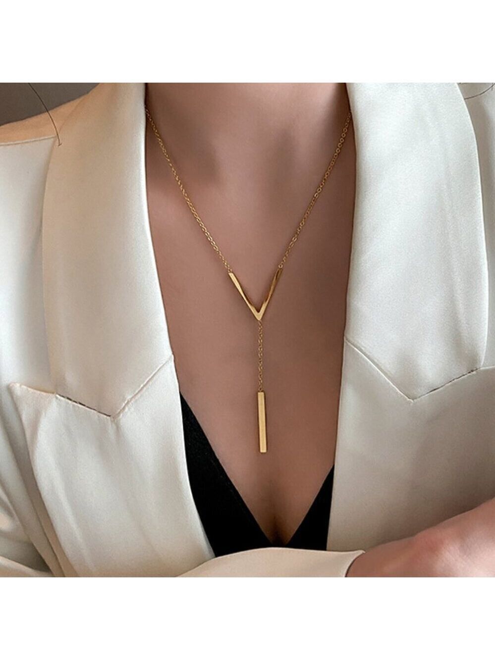 18k Gold Plated Stainless Steel Luxury V Geometric Y Style Chain Necklace